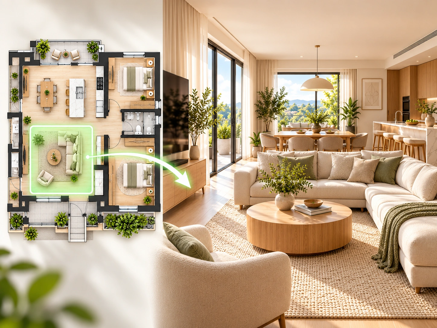 Complete floor plan with the living room highlighted and converted into a realistic living room render
