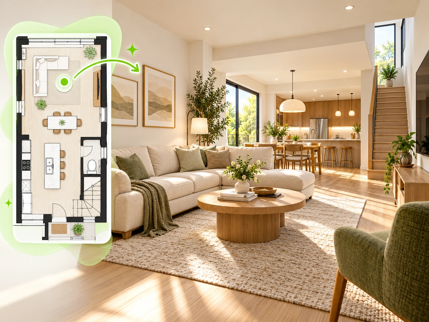 Complete narrow townhouse floor plan connected to a bright open-plan living dining and kitchen visualization