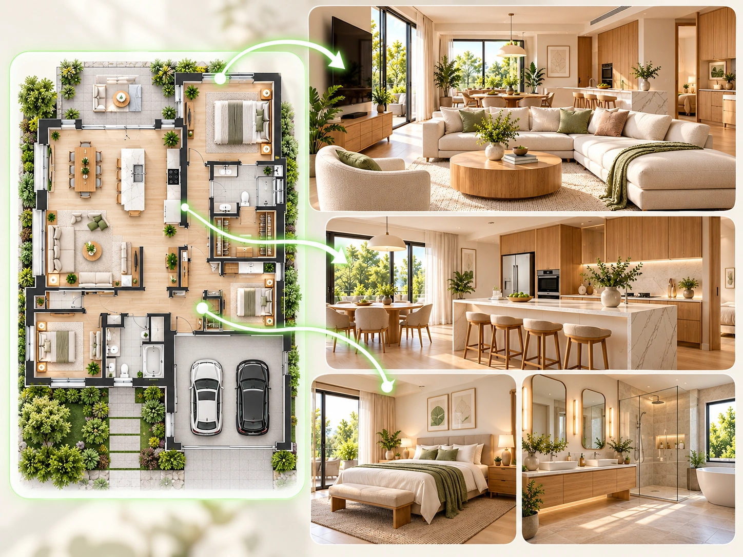 Complete family home floor plan connected to realistic living room kitchen bedroom and bathroom visualizations