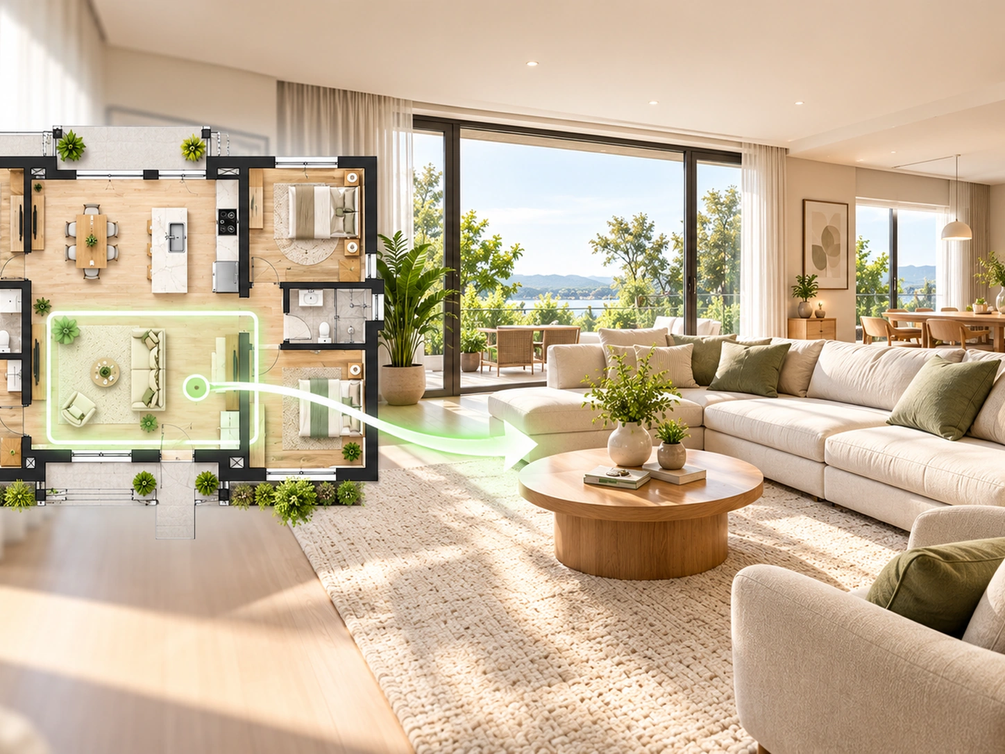 AI floor plan visualizer converting a 2D layout into a photorealistic interior