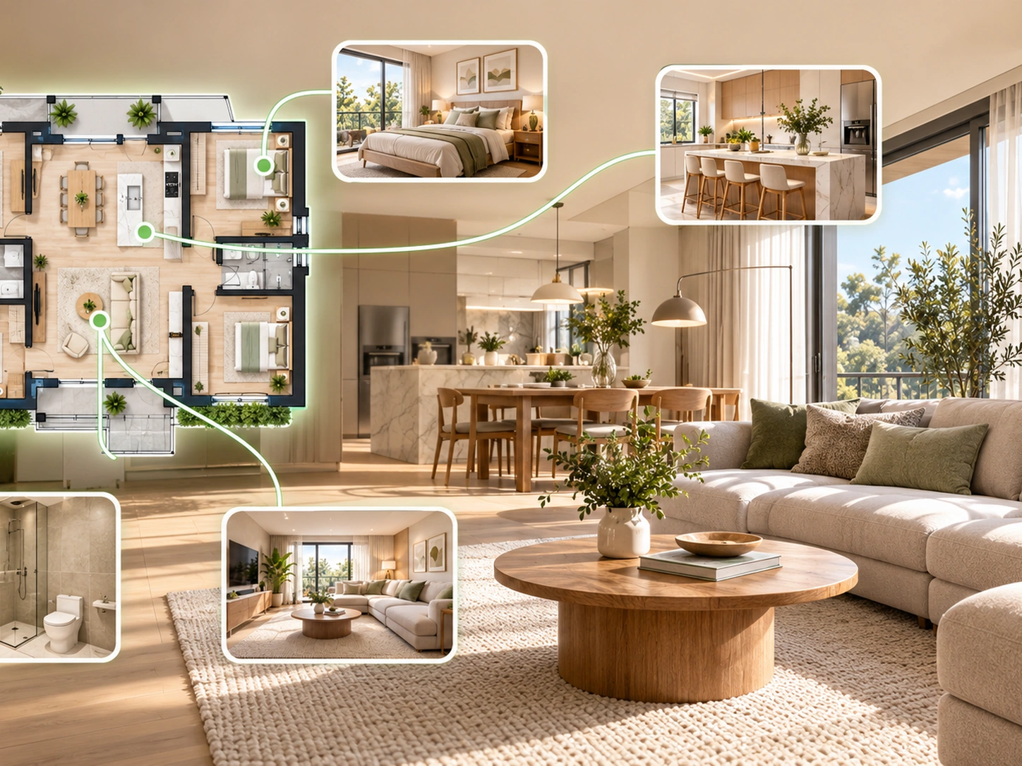 Floor plan connected to multiple realistic room views showing how a floor plan visualizer works