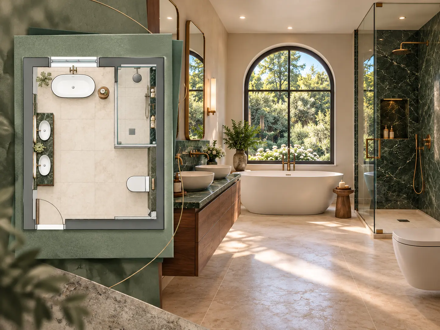 Bathroom rendering with a left-side green 2D floor-plan inset showing the bathtub, double vanity, shower and toilet