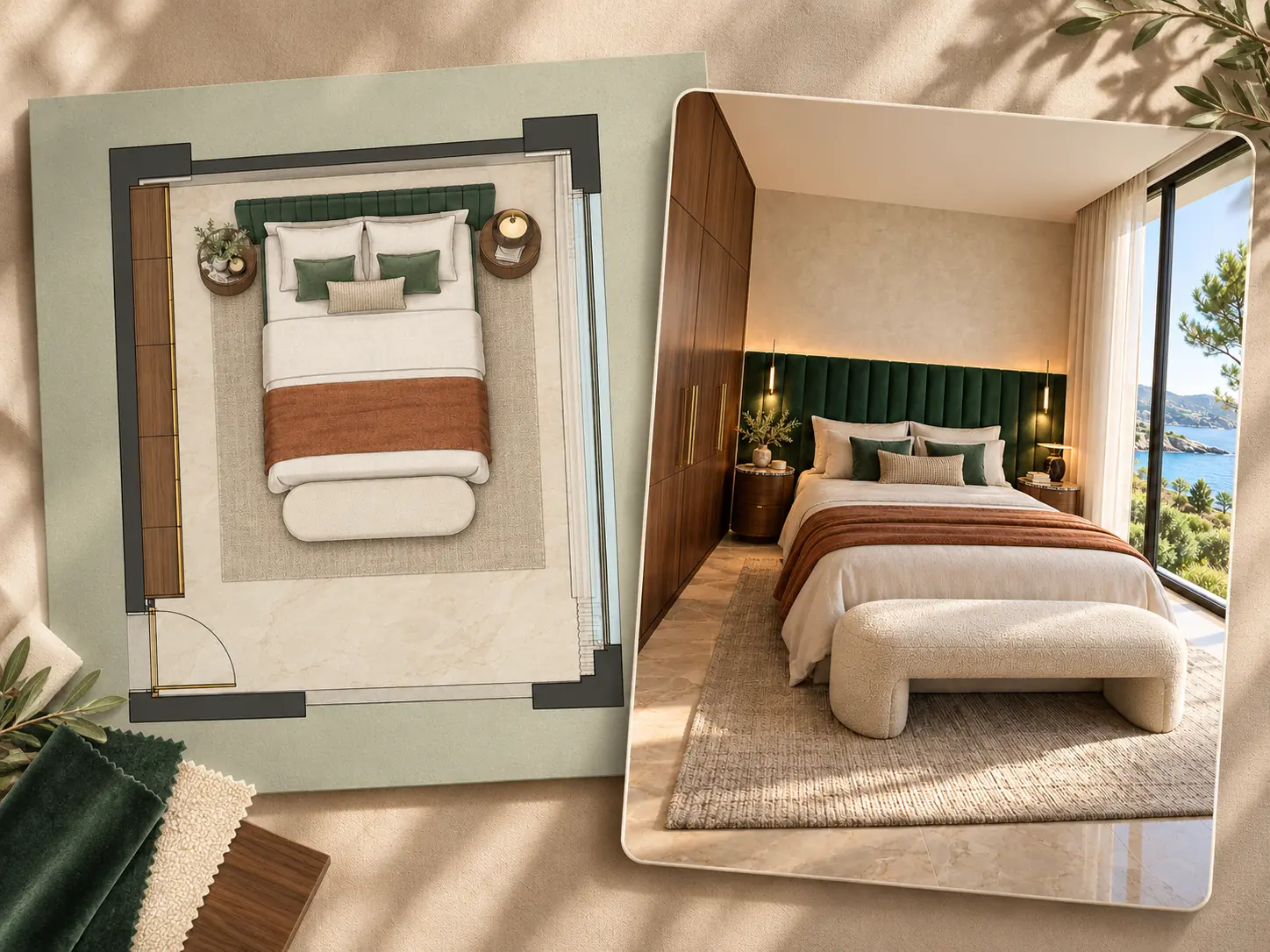 Emerald-headboard bedroom rendering paired with a sage furnished 2D floor plan and fabric and wood swatches