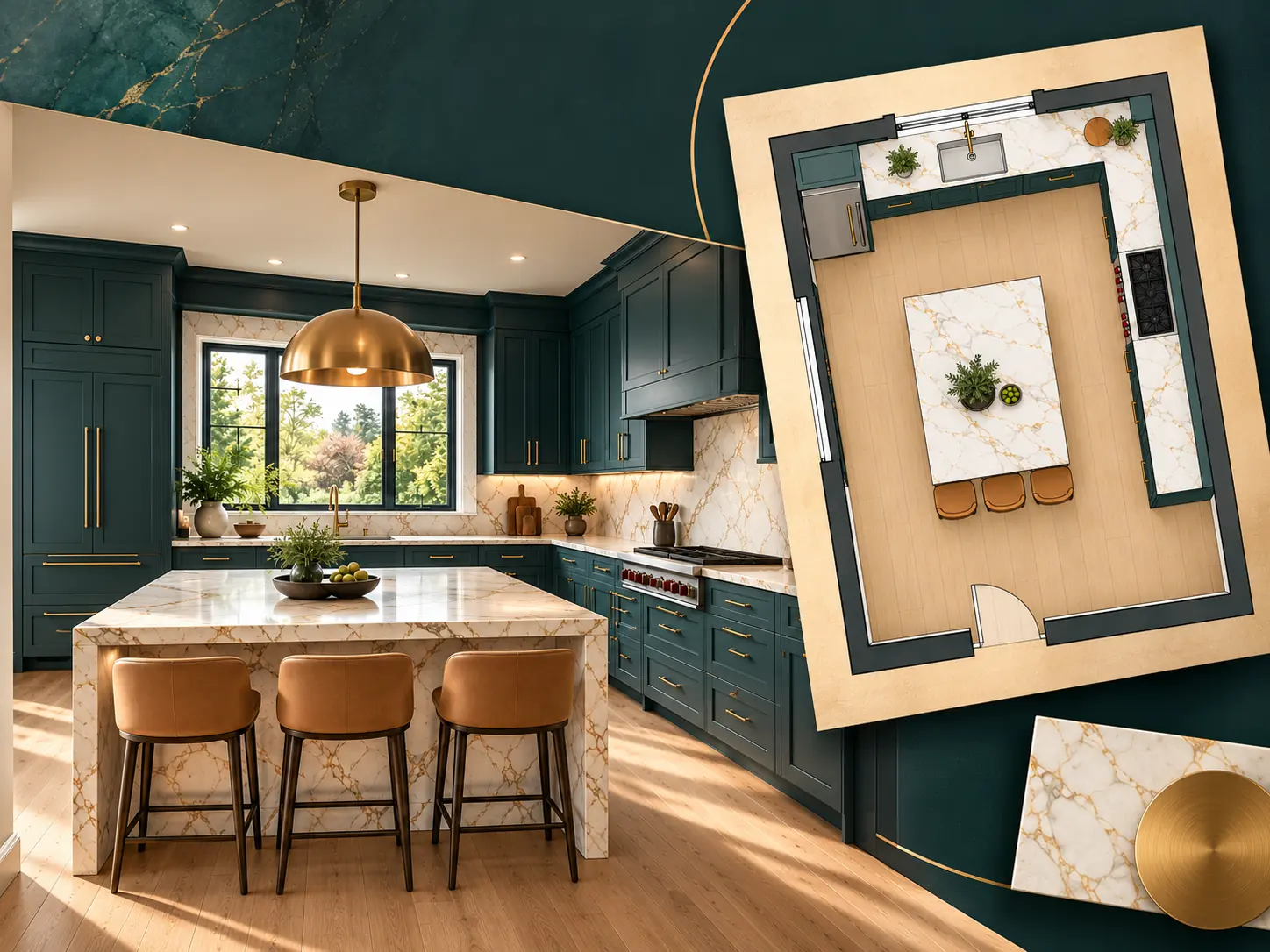 Deep-teal kitchen rendering with a diagonally layered furnished 2D kitchen plan on warm ochre paper