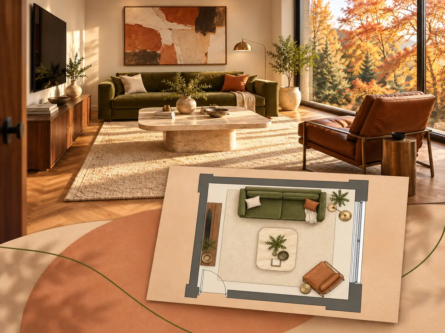 Living room rendering above a furnished 2D floor plan on warm clay paper with curved decorative lines