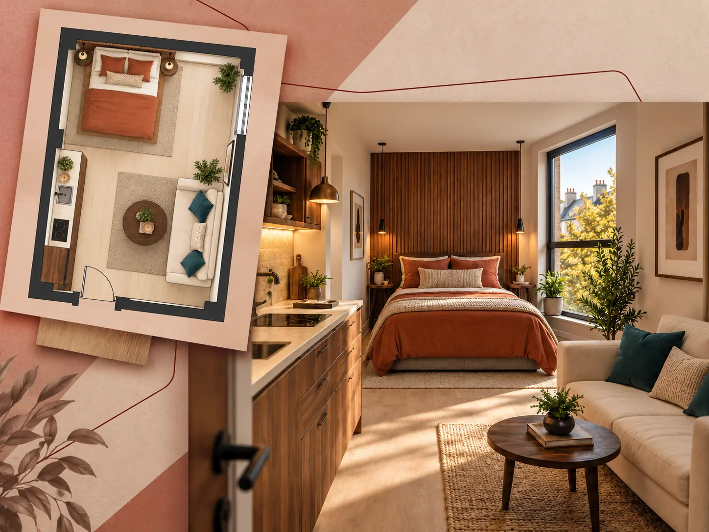 Studio apartment rendering paired with an upper-left furnished 2D floor plan on terracotta paper