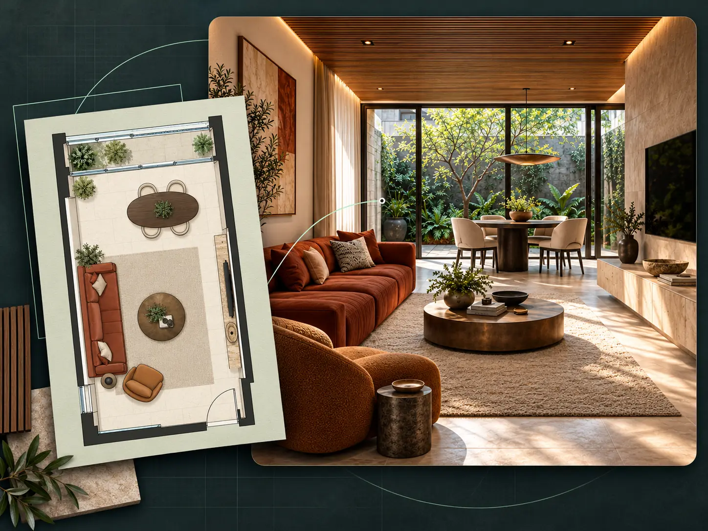 Townhouse living and dining rendering paired with an overlapping furnished 2D floor plan on a charcoal-green background