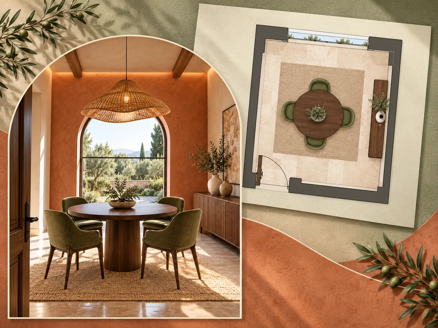 Arched dining-room rendering paired with a furnished 2D dining plan on sage and terracotta backgrounds