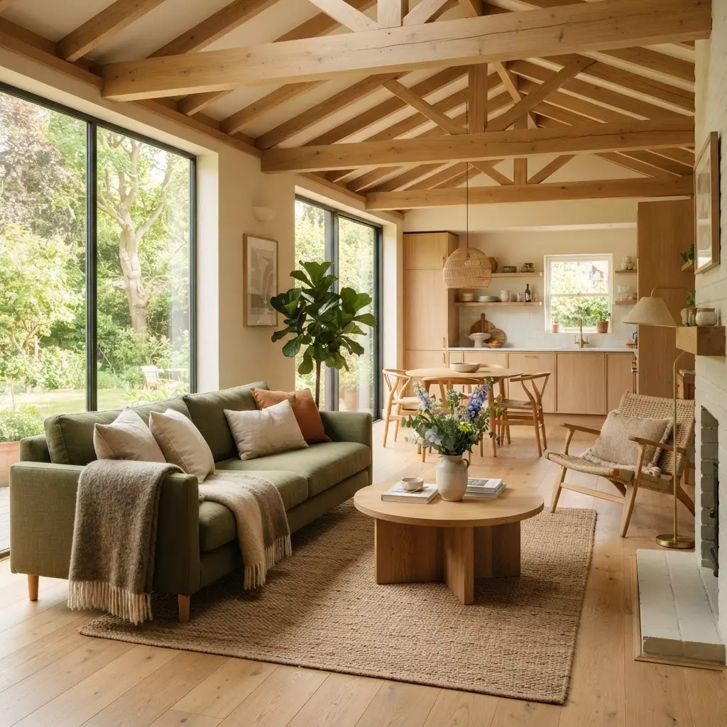 Warm sunlit modern living room with oak beams, a green sofa, and floor-to-ceiling garden windows