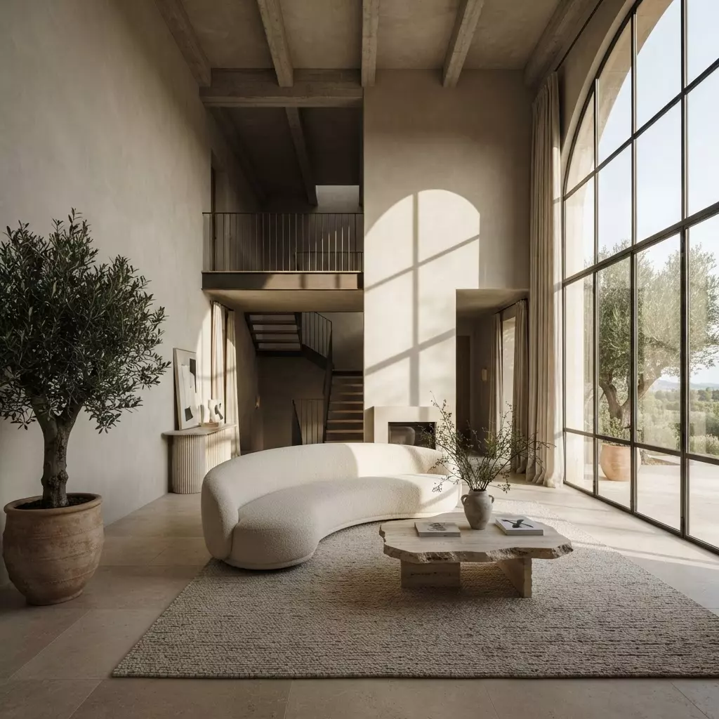 Bold statement interior with warm materials and layered natural light