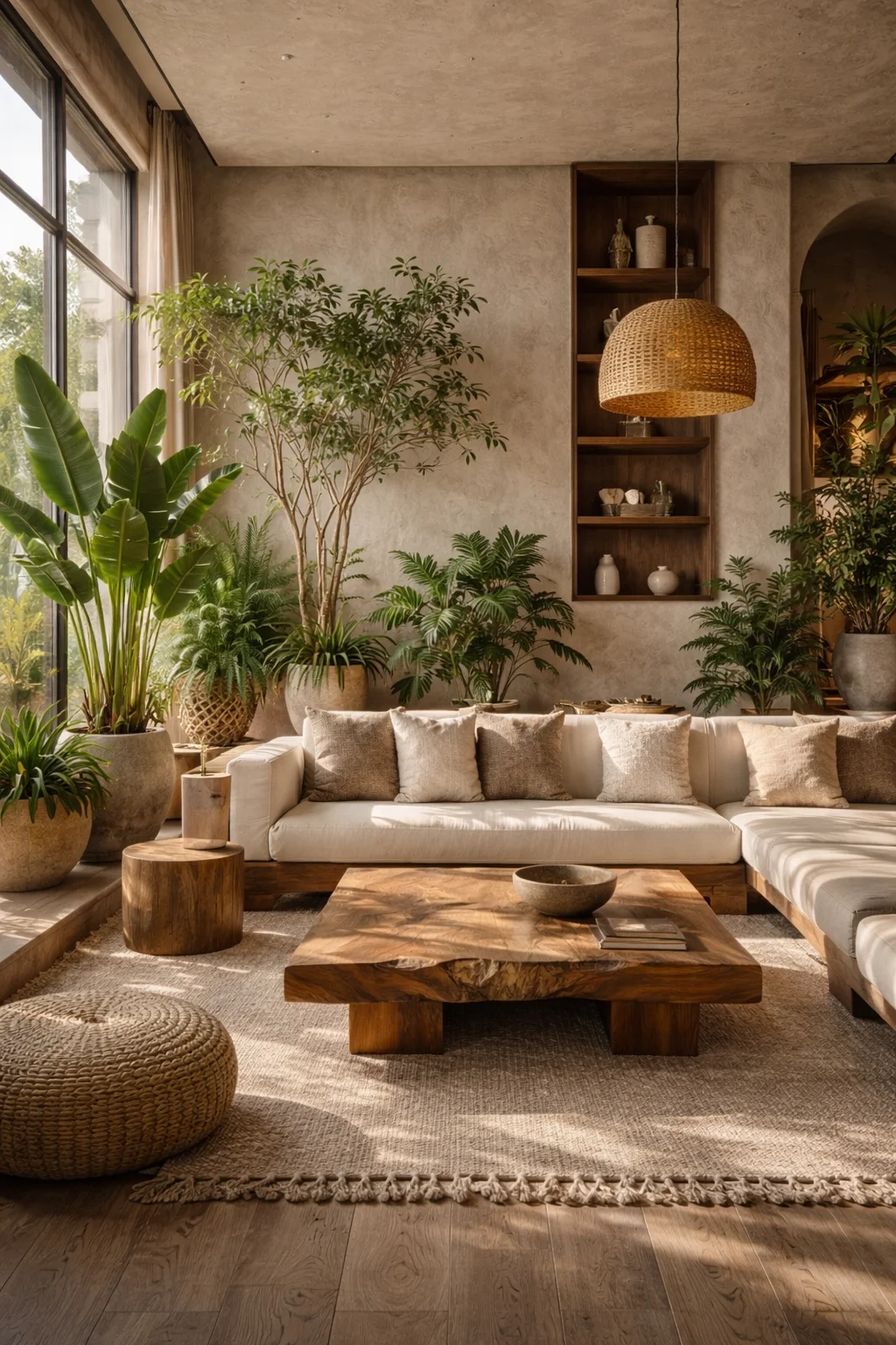 Modern living room with a cream sectional, plaster walls, tropical plants, and chunky wood side tables