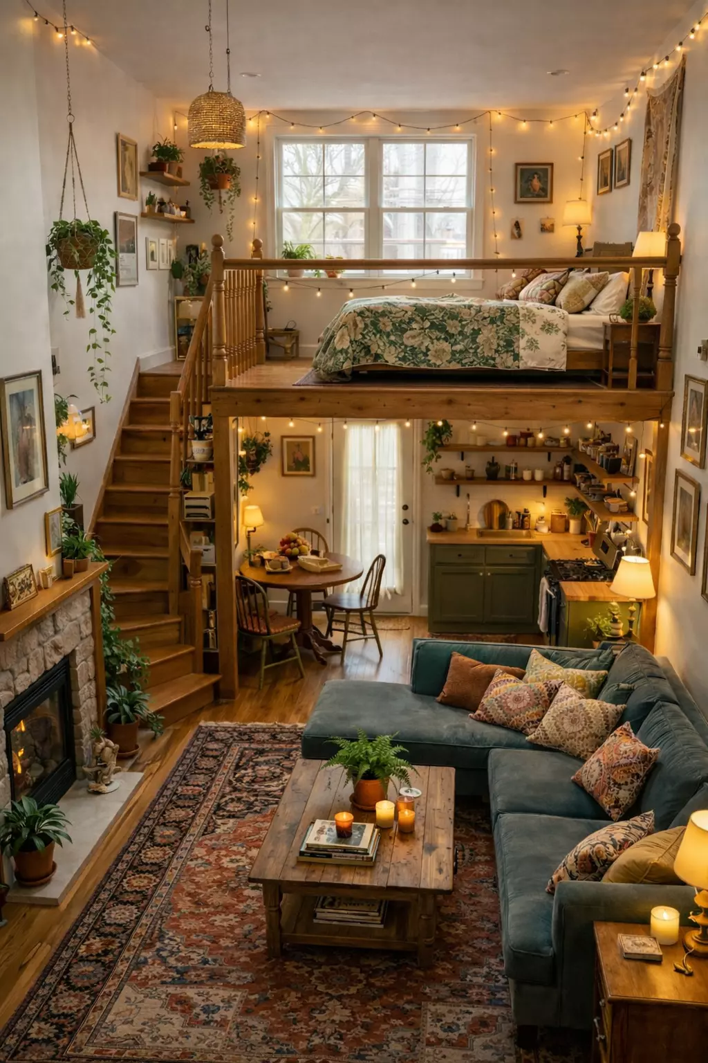 Bohemian loft apartment interior design with layered rugs, indoor plants, string lights, wood stairs, a cozy living room, and an open sleeping area.