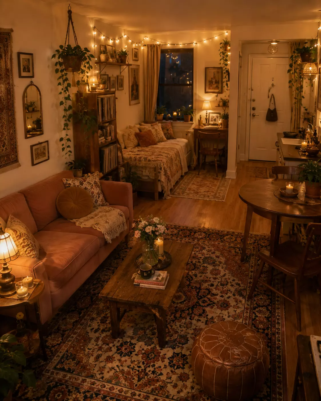 Cozy boho studio apartment with layered vintage rugs, string lights, indoor plants, a blush sofa, wood coffee table, daybed, round dining table, and leather pouf.