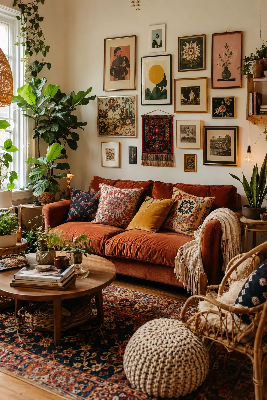 Eclectic boho living room with a terracotta sofa, gallery wall, vintage rug, rattan lounge chair, woven pouf, round wood coffee table, indoor plants, patterned pillows, and layered throws.
