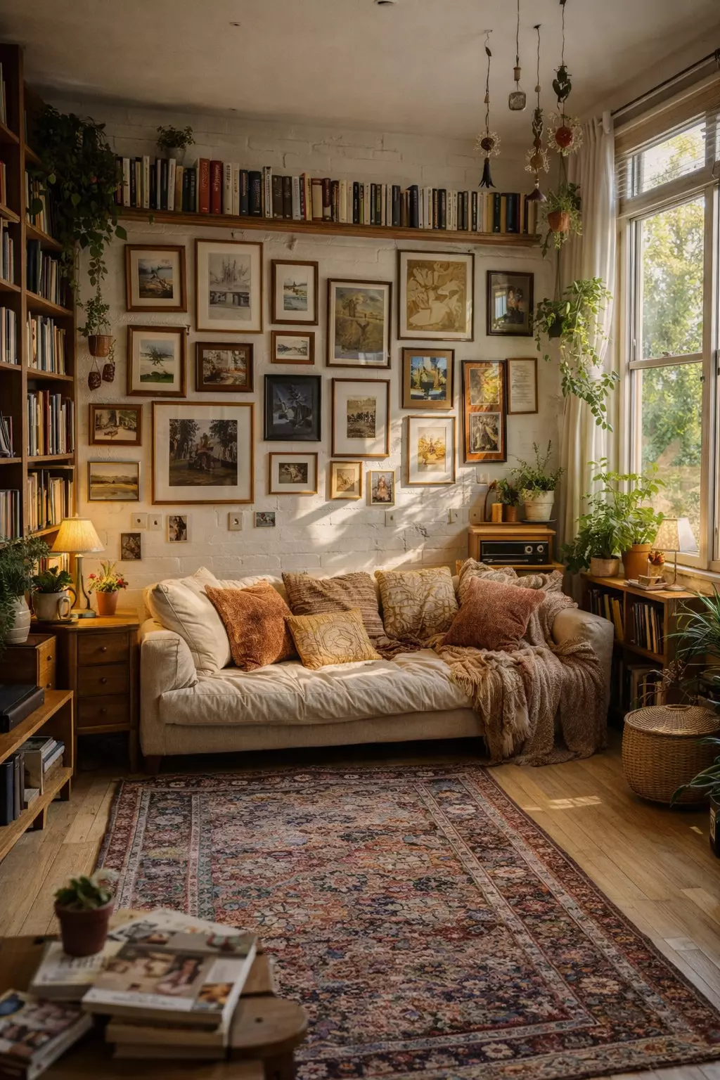 Gallery wall boho living room with a cream sofa, layered vintage rug, tall bookshelves, indoor plants, textured pillows, hanging planters, wood side tables, and warm lighting.