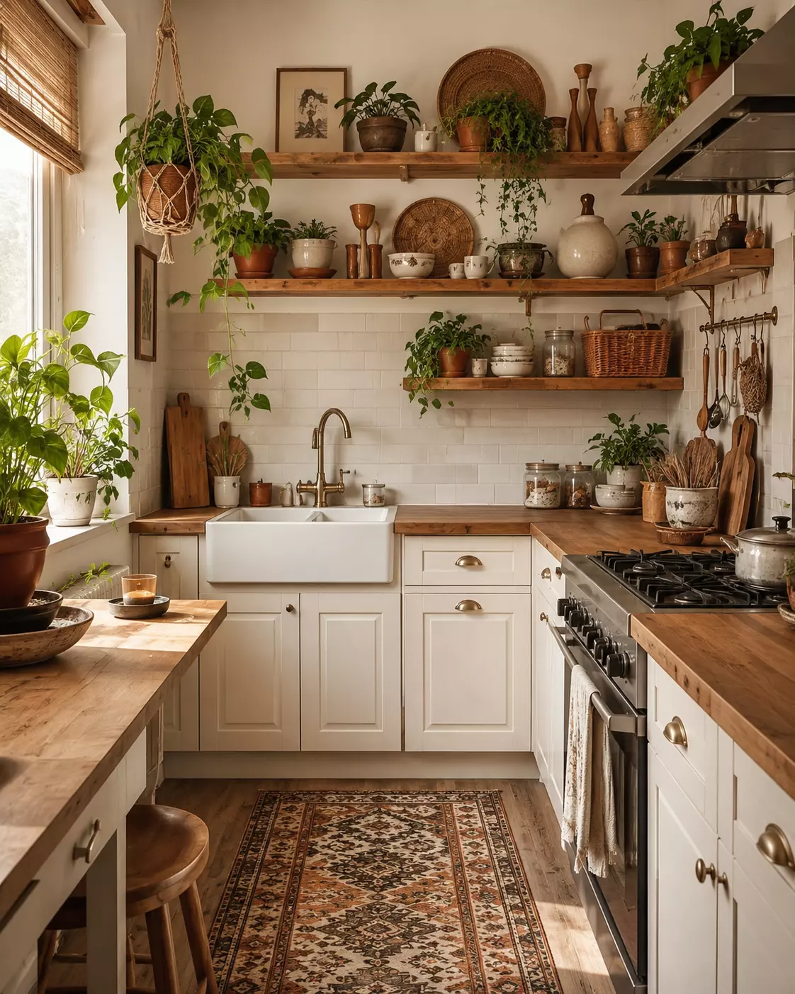 Natural boho farmhouse kitchen with cream cabinets, wood countertops, open wood shelves, farmhouse sink, hanging plants, woven baskets, potted herbs, and vintage runner rug.