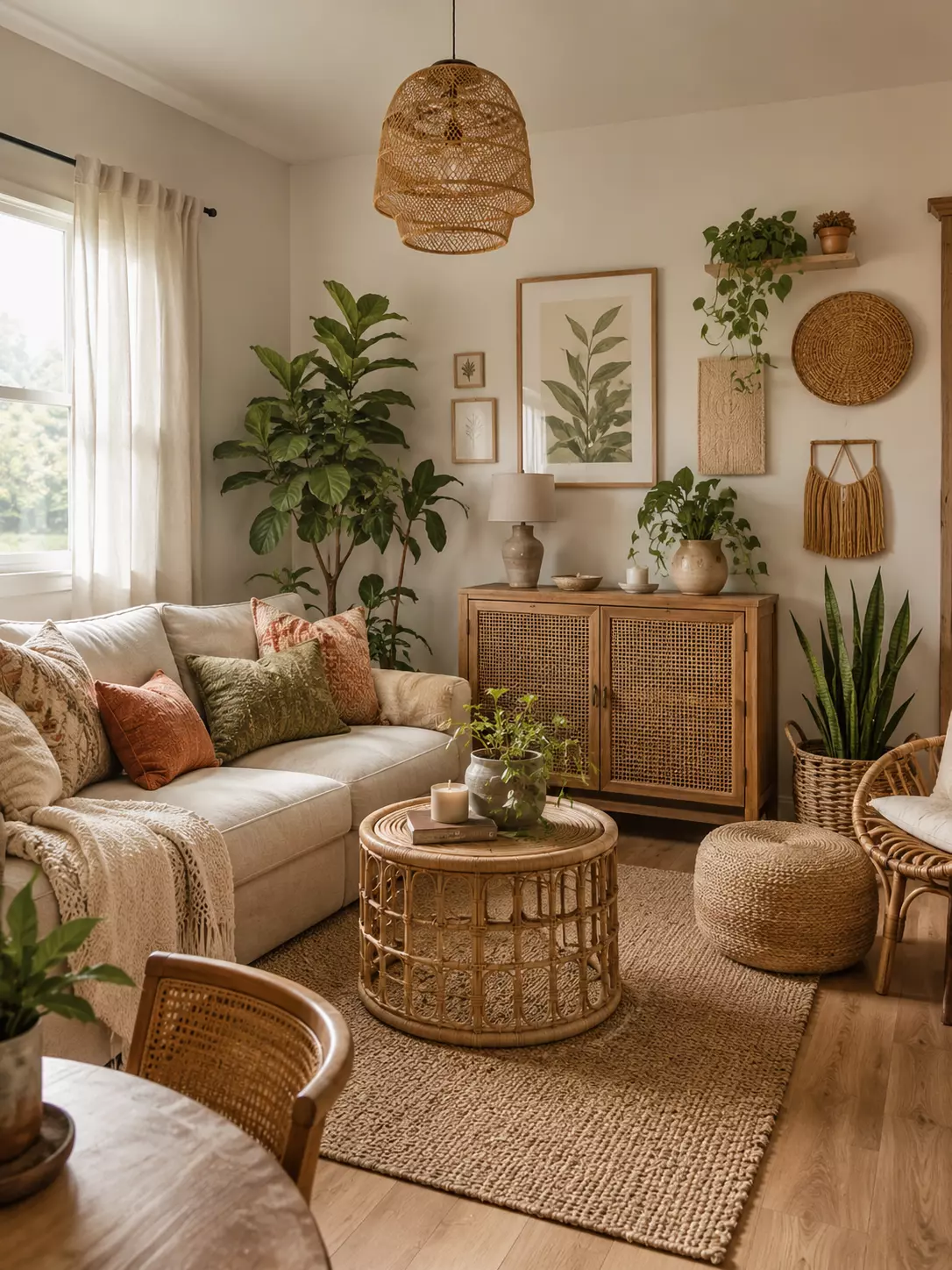 Neutral rattan boho apartment living room with a cream sofa, rattan coffee table, cane storage cabinet, woven pouf, rattan lounge chair, indoor plants, macrame wall decor, and jute rug.