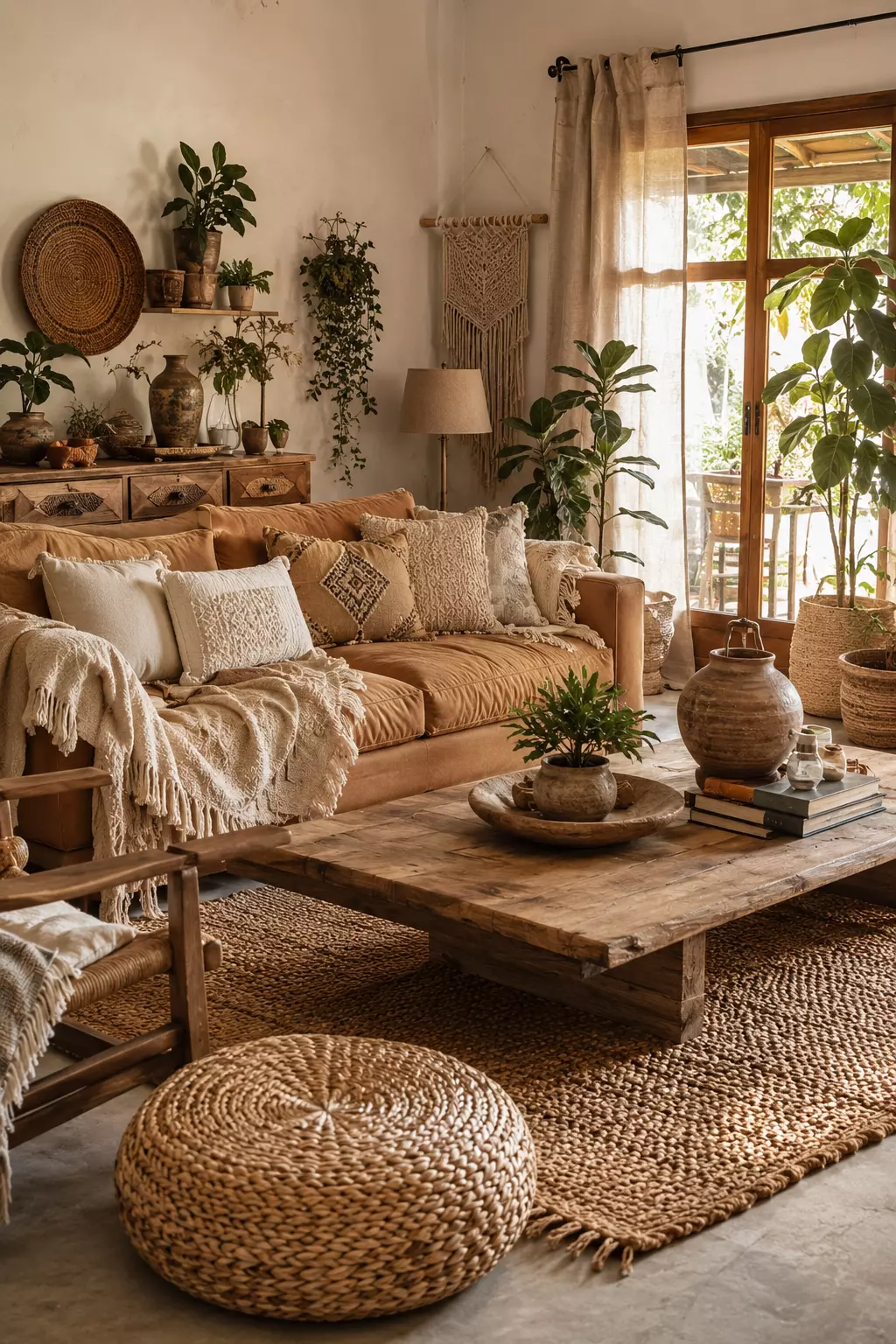 Neutral woven boho living room with a relaxed sofa, rustic wood coffee table, jute rug, woven pouf, rattan chair, macrame wall hanging, indoor plants, textured pillows, and ceramic vases.