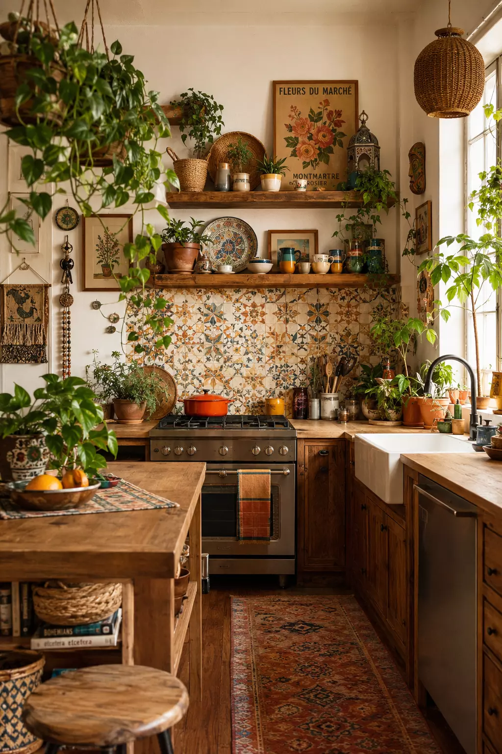 Plant-filled boho kitchen with open wood shelves, patterned tile backsplash, farmhouse sink, wood kitchen island, woven pendant lamp, hanging plants, ceramic dishes, and vintage runner rug.