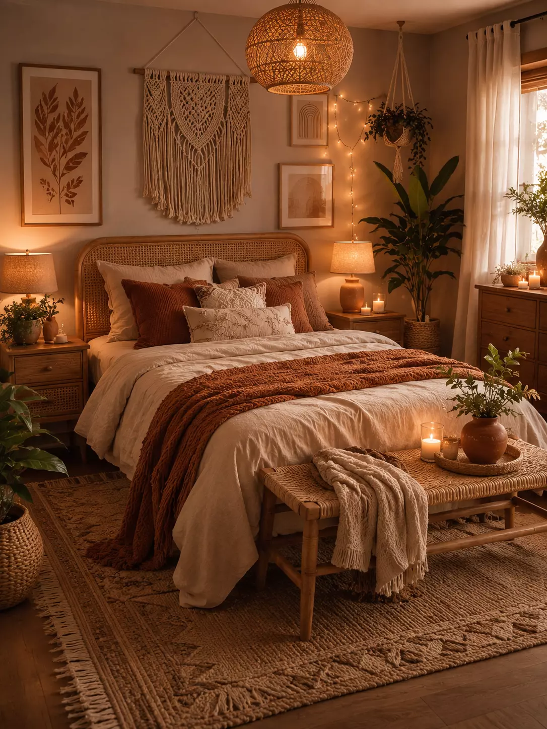 Rattan boho bedroom with a woven headboard, layered bedding, macrame wall hanging, terracotta throw, woven bench, jute rug, indoor plants, candles, and warm amber lighting.