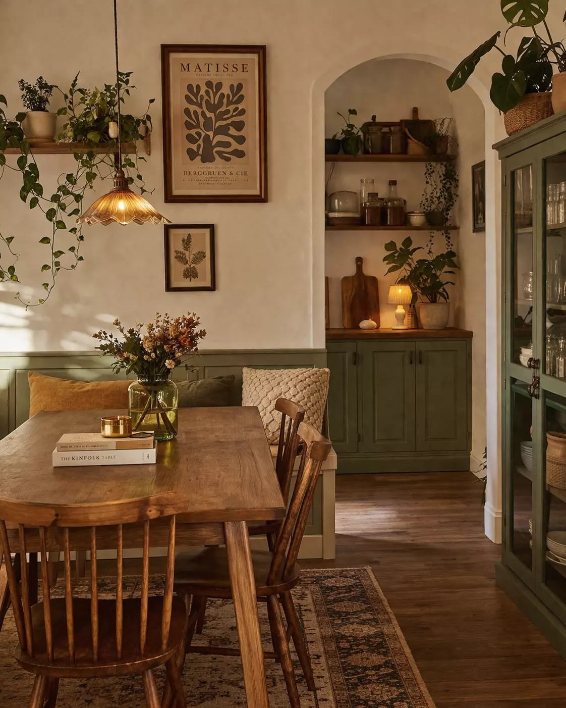 Sage green boho kitchen with a wood dining table, vintage chairs, built-in bench, open shelves, trailing indoor plants, botanical wall art, amber pendant light, and vintage rug.