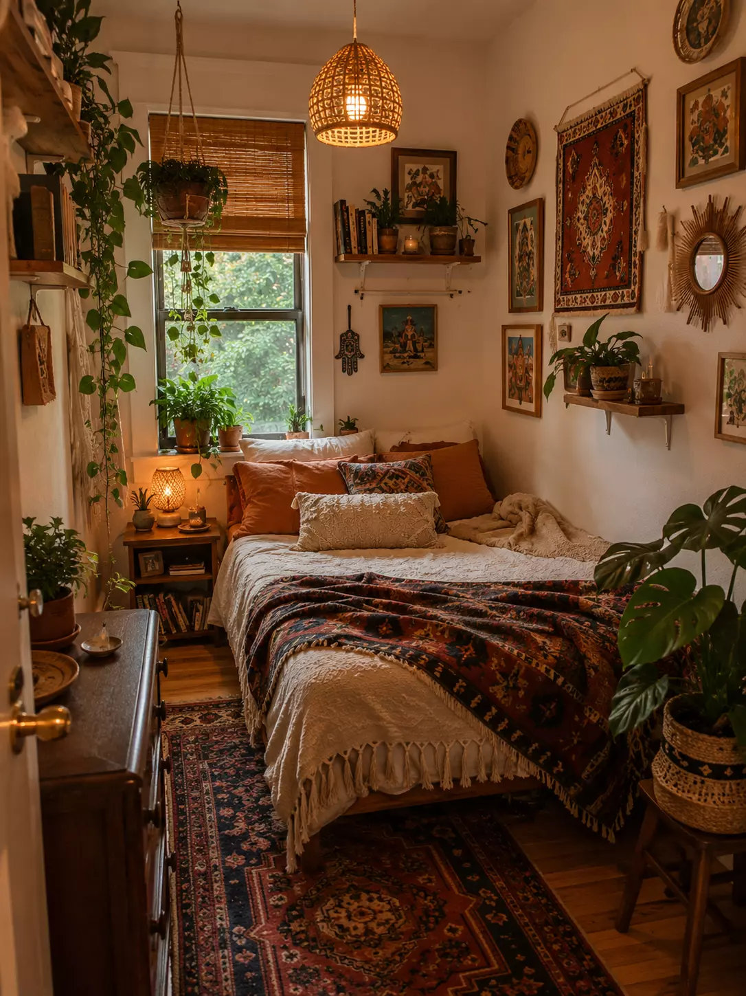 Small boho bedroom with layered bedding, vintage rug, wall tapestry, woven pendant lamp, hanging plants, wood nightstand, textured pillows, and warm lighting.