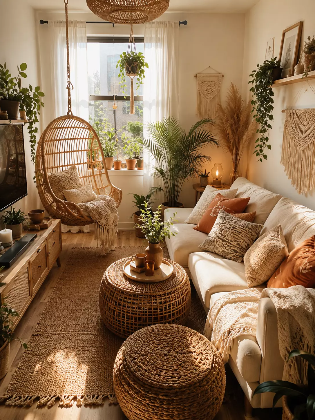 Sunlit boho apartment living room with a hanging rattan chair, cream sofa, woven coffee table, rattan pouf, indoor plants, macrame wall decor, jute rug, and textured pillows.