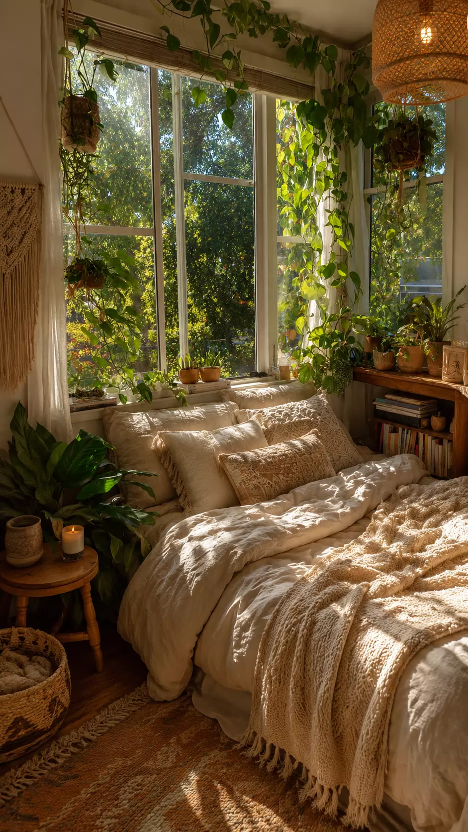 Sunlit plant-filled boho bedroom with layered cream bedding, hanging indoor plants, woven pendant lamp, macrame wall hanging, wood side table, knit throw, and vintage rug.