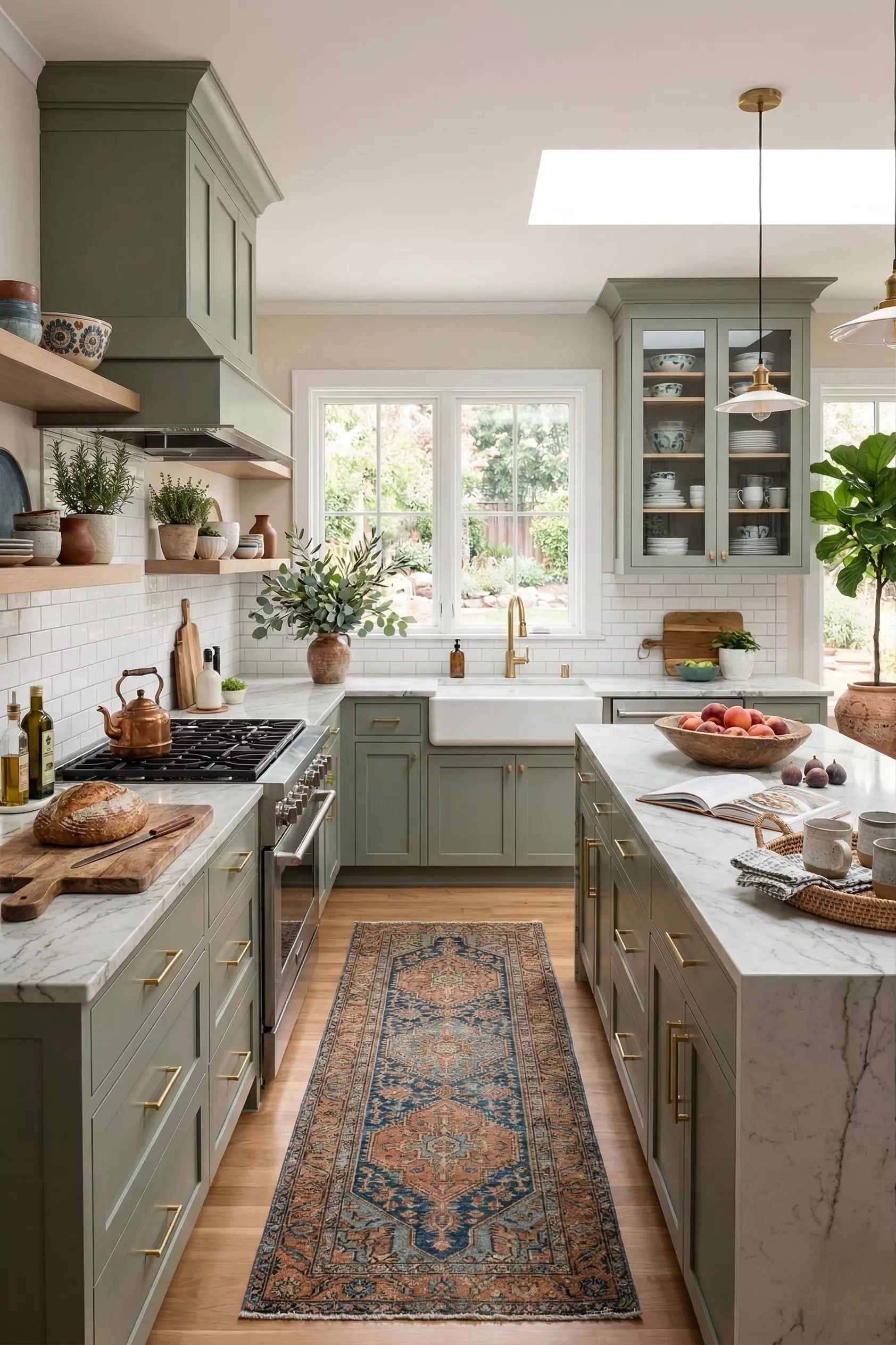 Vintage runner boho kitchen with sage green cabinets, marble countertops, open wood shelves, brass pendant lights, farmhouse sink, potted herbs, woven tray, and wood cutting boards.