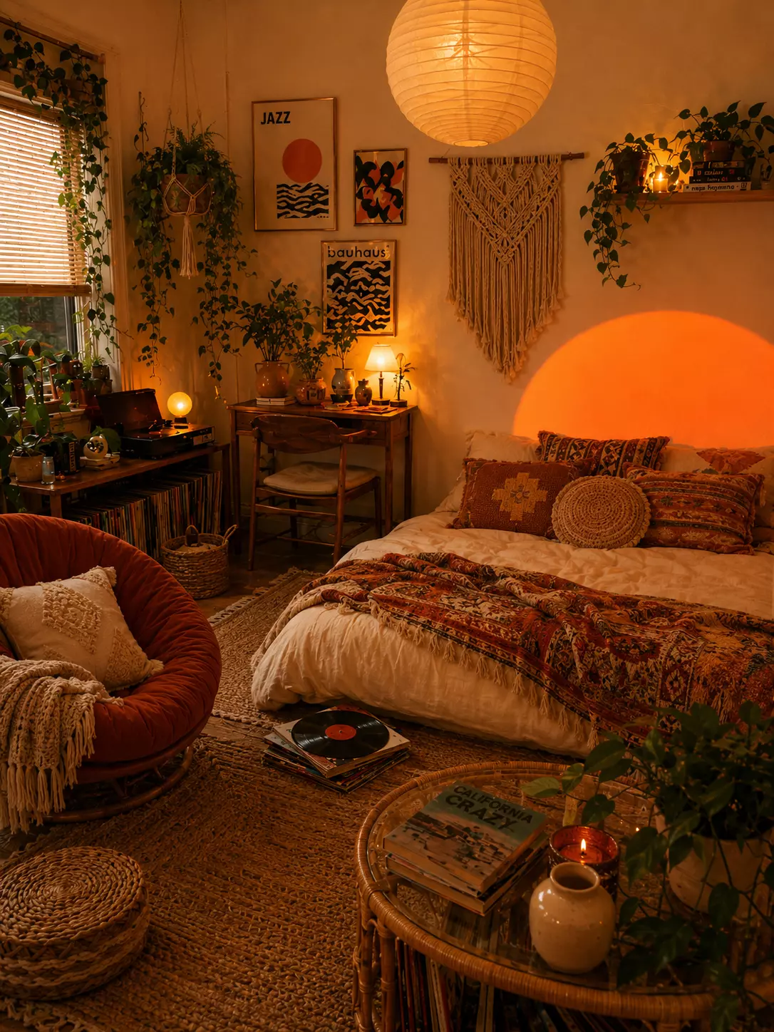 Warm boho bedroom with layered bedding, macrame wall hanging, rattan lounge chair, paper pendant lamp, indoor plants, record player, textured pillows, and amber lighting.