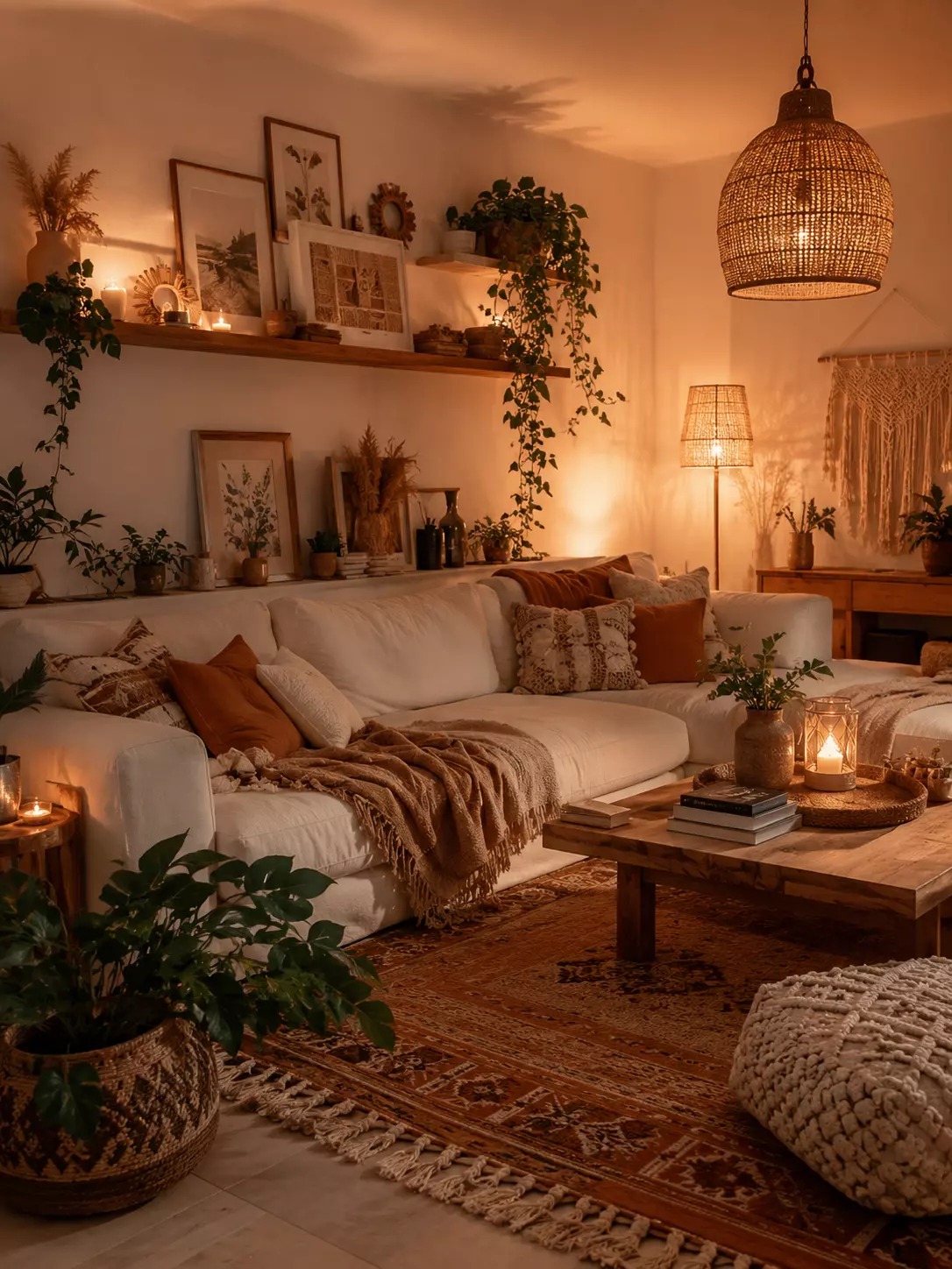Warm textured boho living room with a cream sofa, wood coffee table, woven pendant lamp, macrame wall hanging, terracotta rug, indoor plants, textured pillows, and candles.