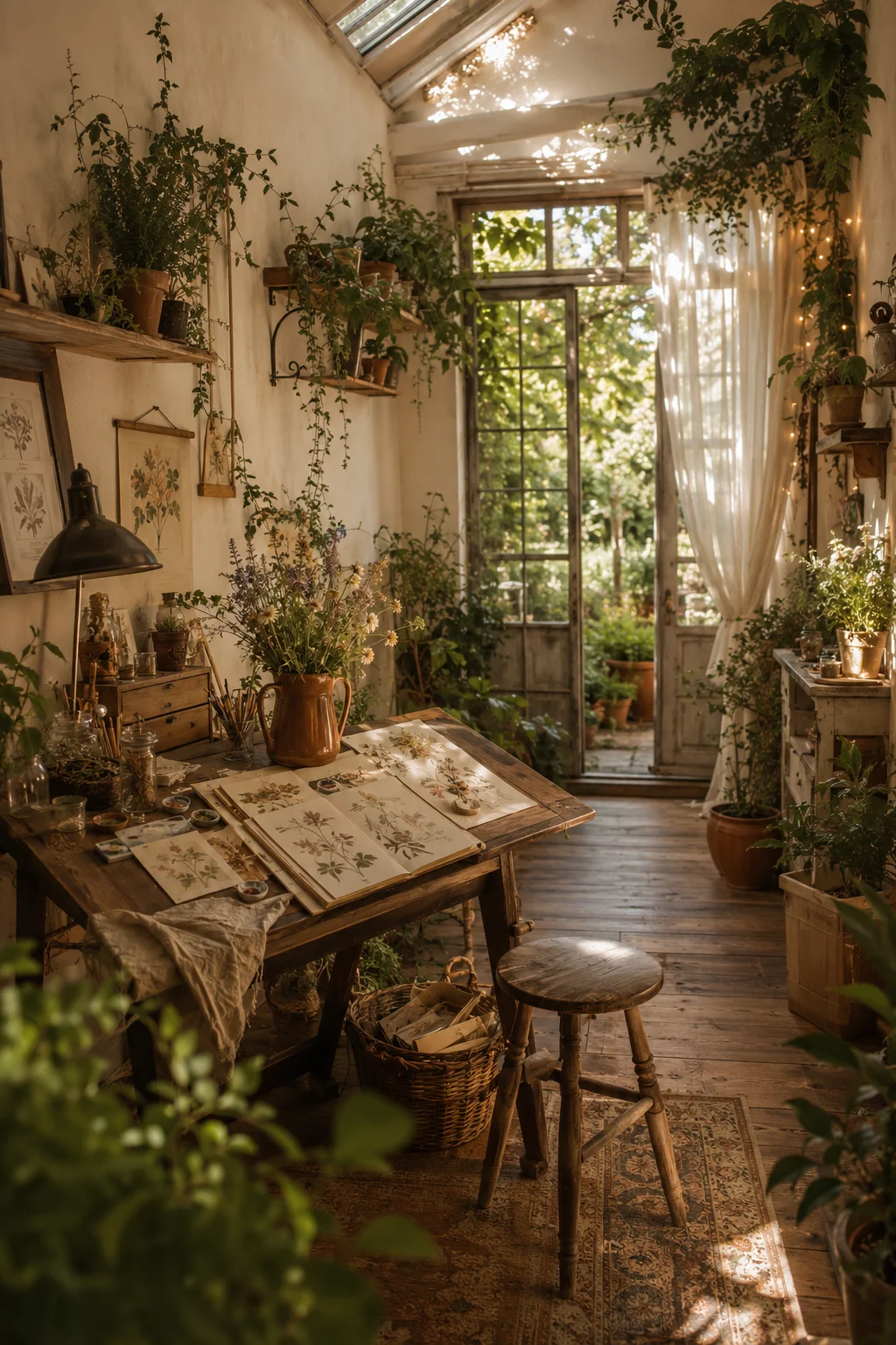 Botanical home office with a wood drafting table, sketches, dried flowers, shelving, and garden-facing doors
