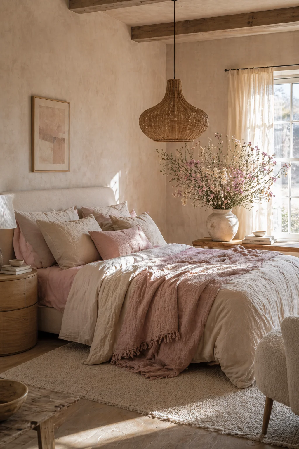 Bright modern bedroom with blush linen bedding, a chunky knit throw, pale wood tables, and flowering branches