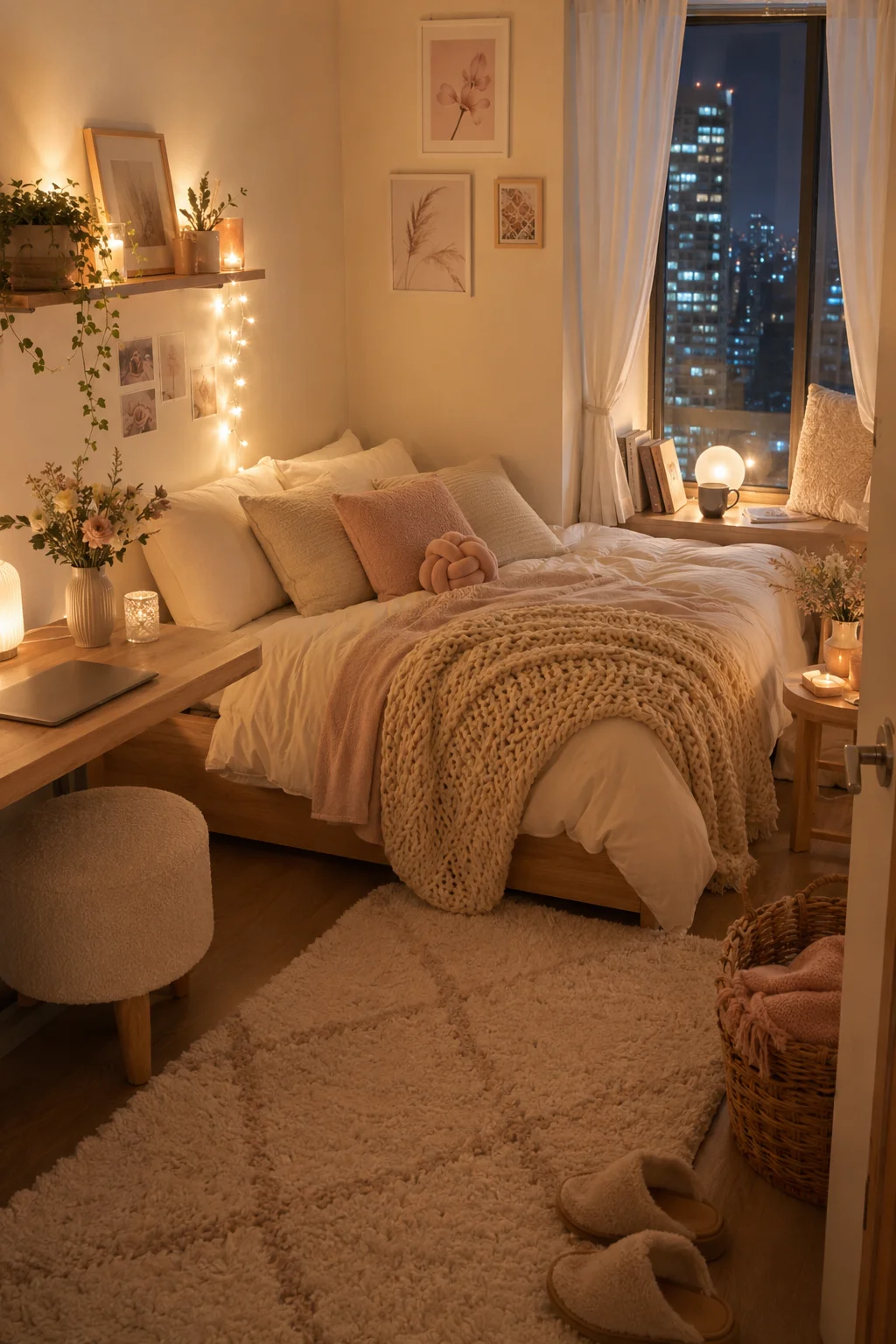 Compact bedroom with white bedding, blush pillows, chunky knit throw, candlelight, and a nighttime city view