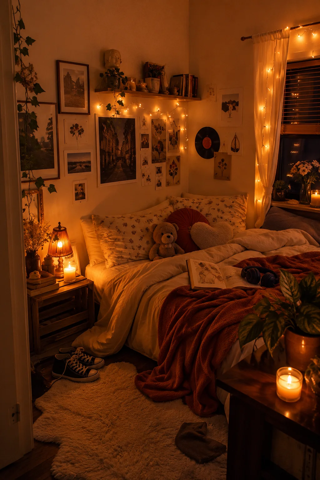 Cozy small bedroom with rust bedding, fairy lights, framed prints, leafy plants, and a glowing bedside lamp
