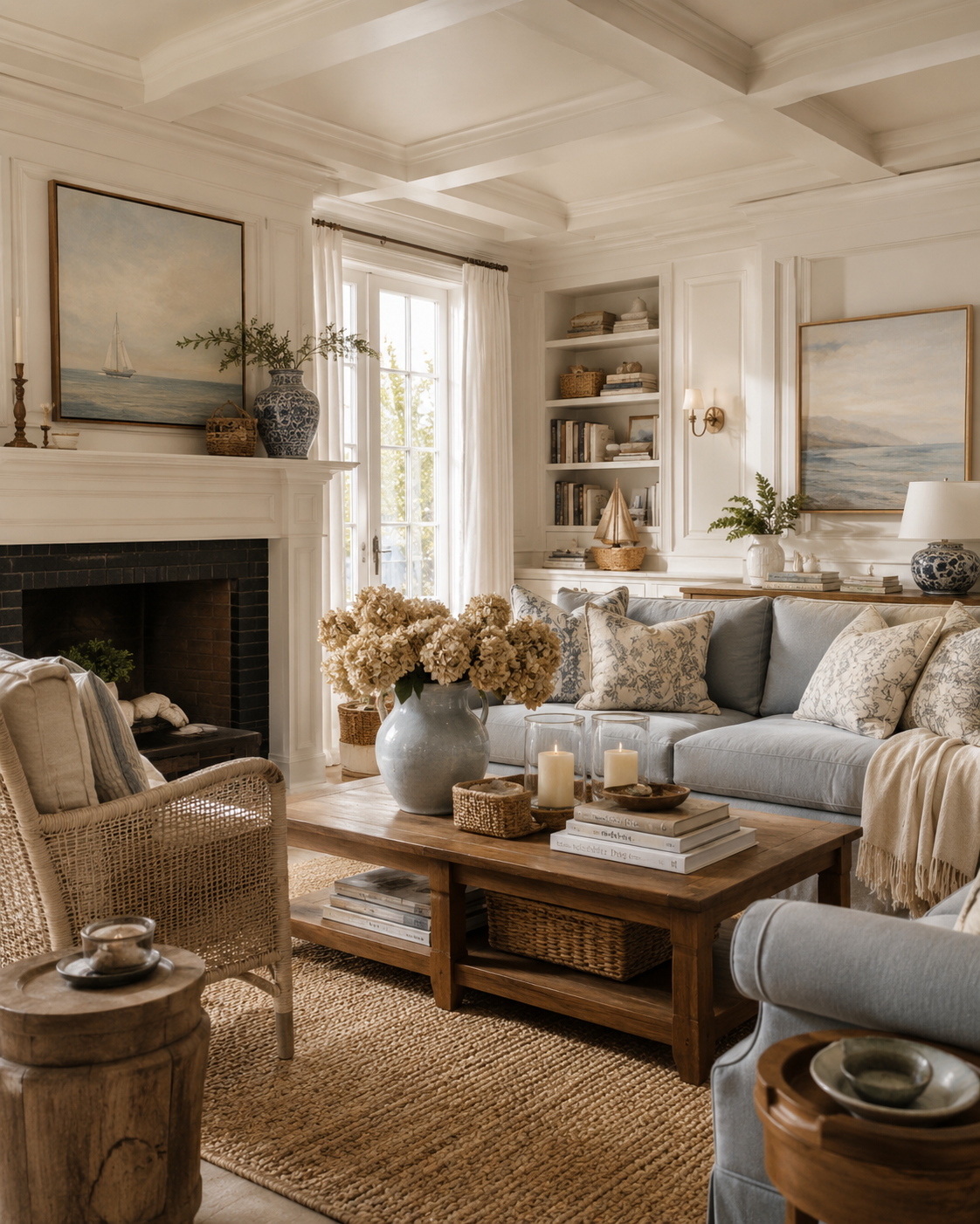 Elegant living room with a pale blue sofa, white fireplace, woven ottoman, candles, and dried hydrangeas