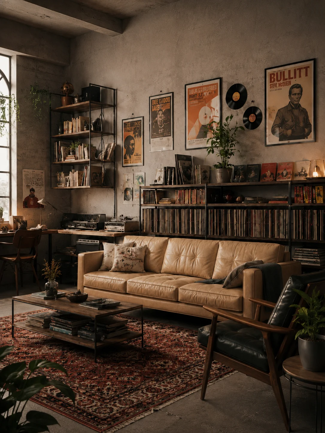 Industrial living room with a tan leather sofa, concrete walls, record storage, bookshelves, and a writing desk