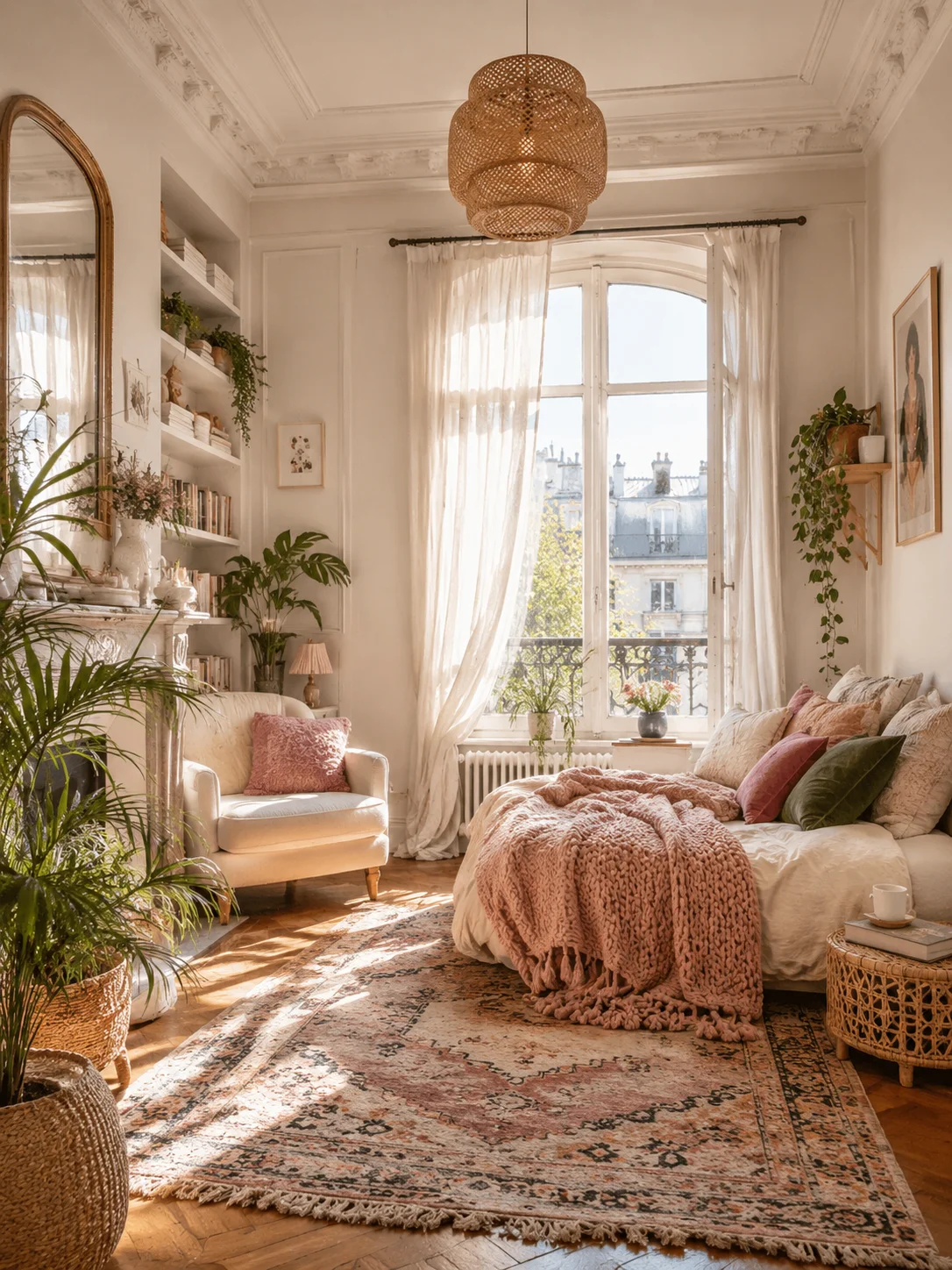 Airy Scandinavian bedroom with soft pink bedding, a white armchair, pale wood floor, sheer curtains, and plants