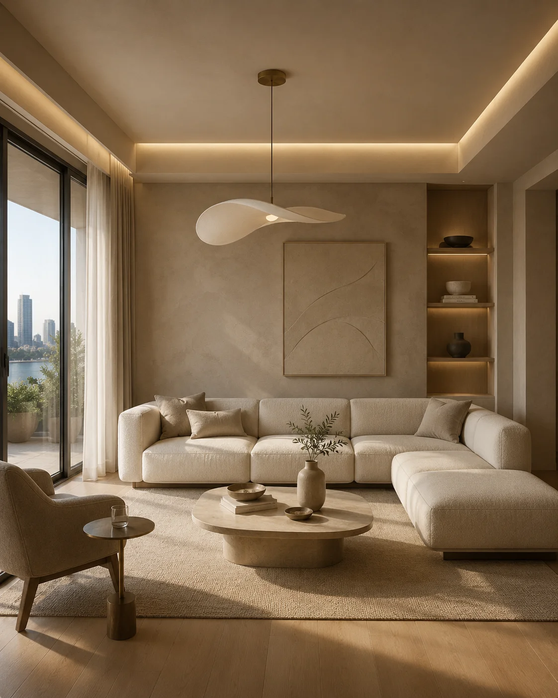 Large minimalist living room with a low white sectional, plaster walls, sculptural lamp, and skyline windows