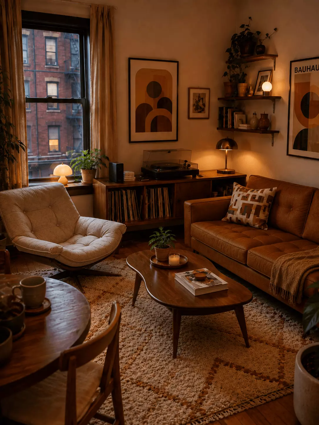 After photo of a small apartment mid-century modern living room with a cognac leather sofa, walnut coffee table, cream lounge chair, record cabinet, abstract wall art, indoor plants, warm lighting, and shag rug.