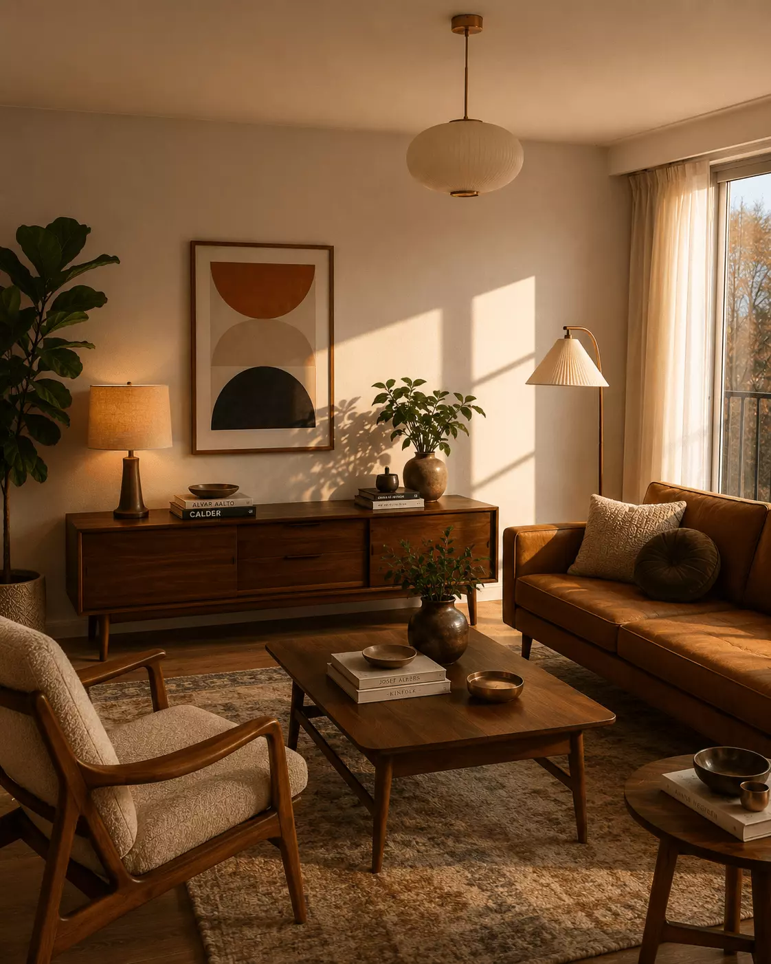 After photo of a warm mid-century modern living room with a cognac leather sofa, walnut sideboard, wood coffee table, cream lounge chair, abstract wall art, indoor plants, layered lighting, and textured rug.