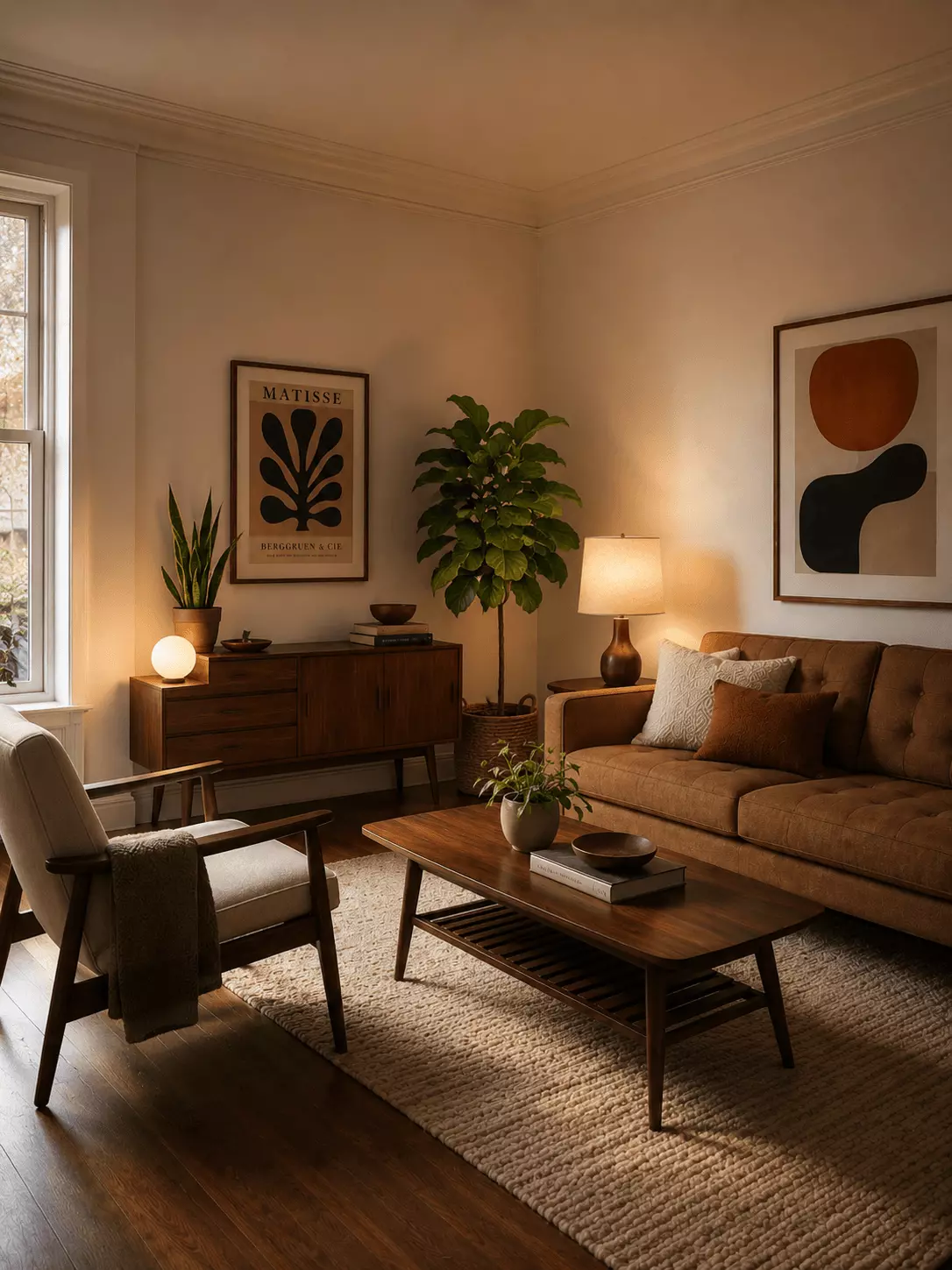 After photo of a warm mid-century modern living room with walnut furniture, tan sofa, cream lounge chair, abstract wall art, indoor plants, layered lighting, and a textured rug.