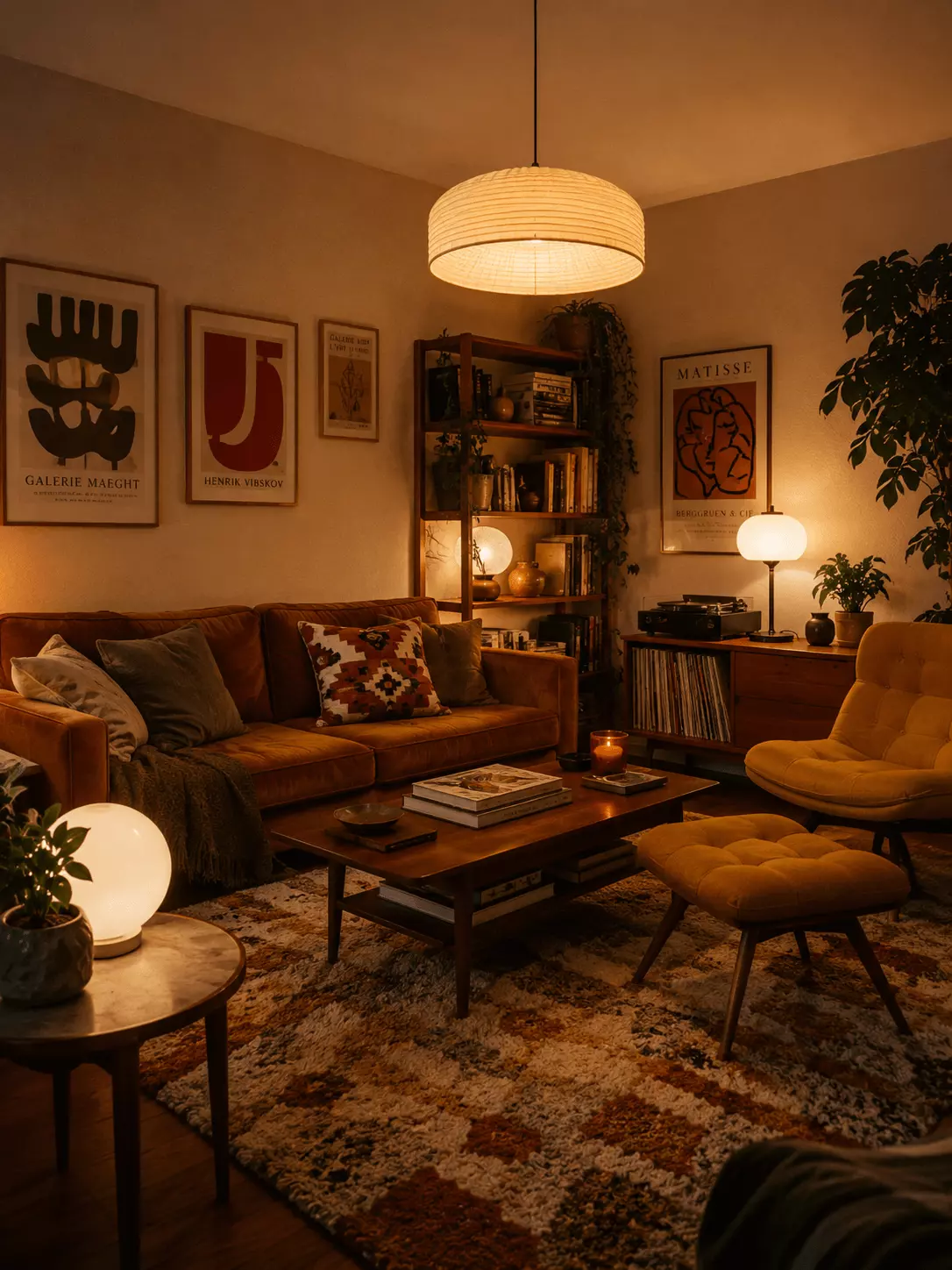 Amber record mid-century modern living room with an orange sofa, mustard lounge chair, wood coffee table, media cabinet, record player, retro wall art, indoor plants, and textured rug.