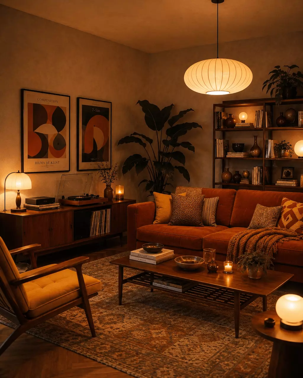 Amber retro mid-century modern living room with an orange sofa, walnut coffee table, mustard lounge chair, abstract wall art, record player, indoor plants, and warm lighting.