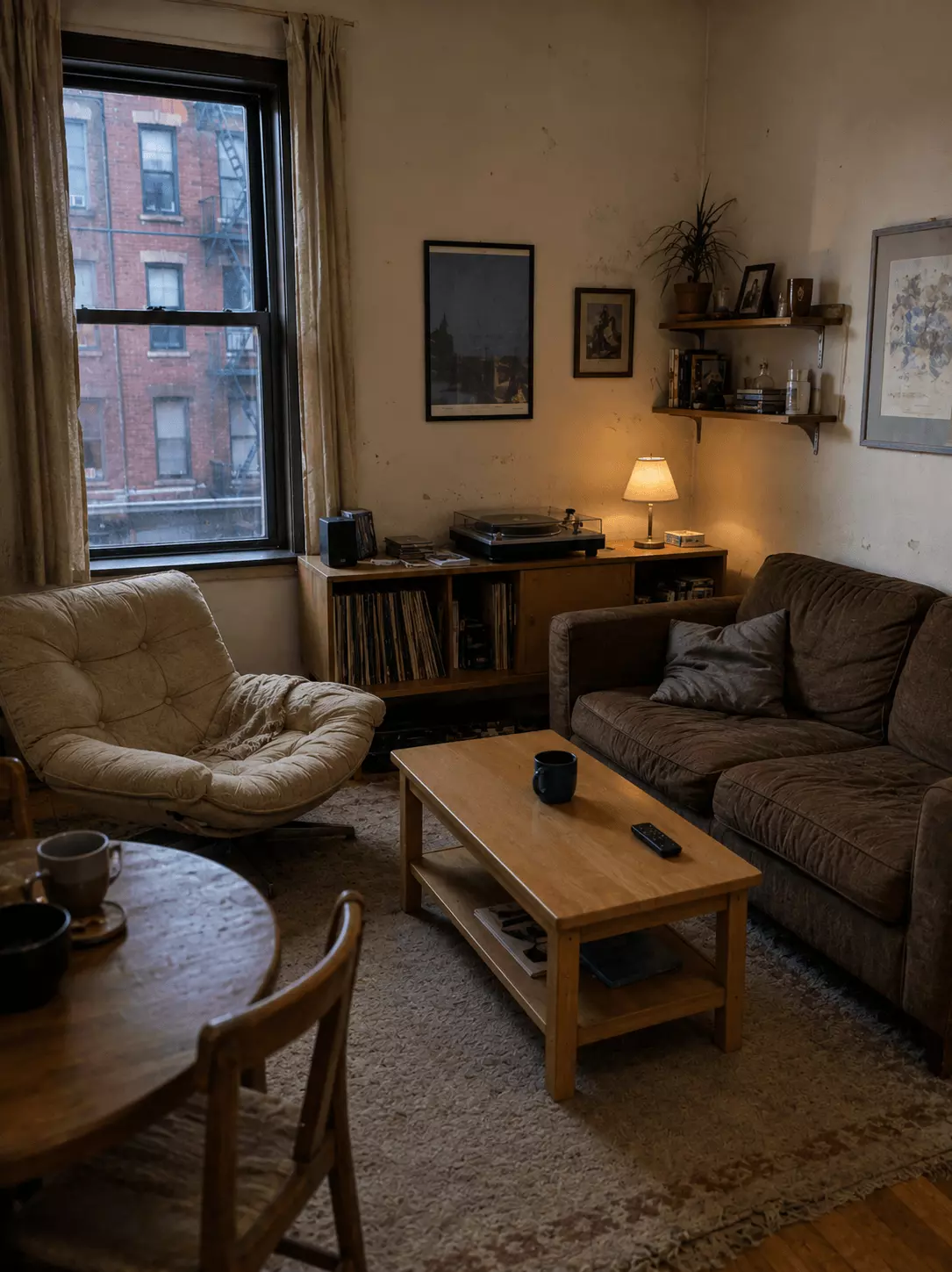 Before photo of a small apartment living room with an old sofa, light wood coffee table, lounge chair, record cabinet, wall shelves, window, and neutral rug.