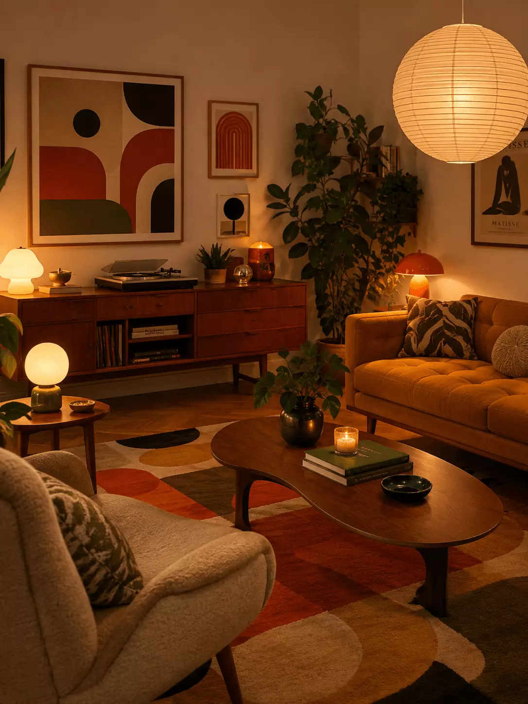 Color block retro mid-century modern living room with a mustard yellow sofa, oval wood coffee table, walnut media console, abstract wall art, record player, indoor plants, paper pendant lamp, and graphic rug.
