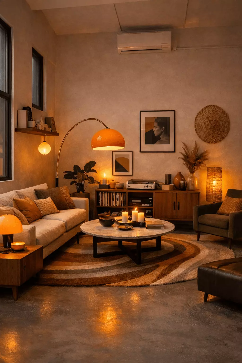 Cozy amber mid-century modern living room with a low sofa, round coffee table, wood media cabinet, olive lounge chair, arc floor lamp, candles, and patterned rug.