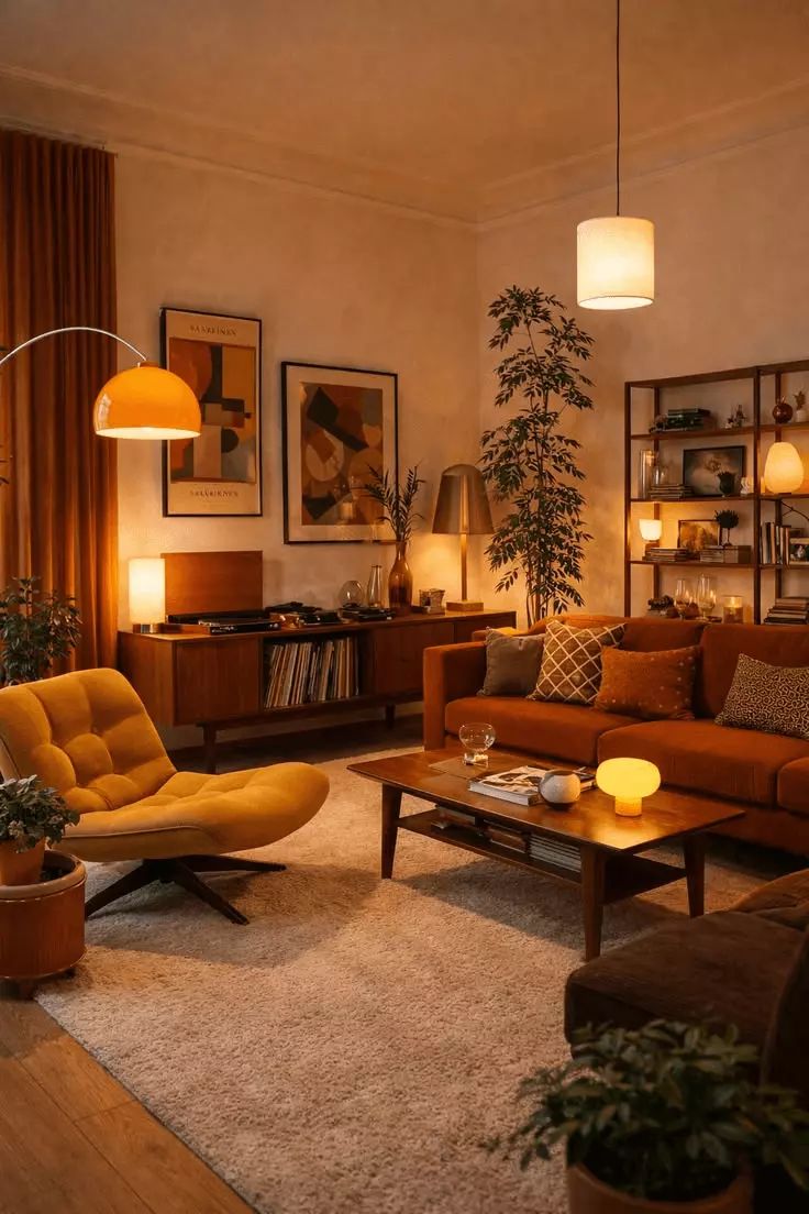Cozy amber mid-century modern living room with an orange sofa, mustard lounge chair, walnut furniture, geometric wall art, and warm lighting.