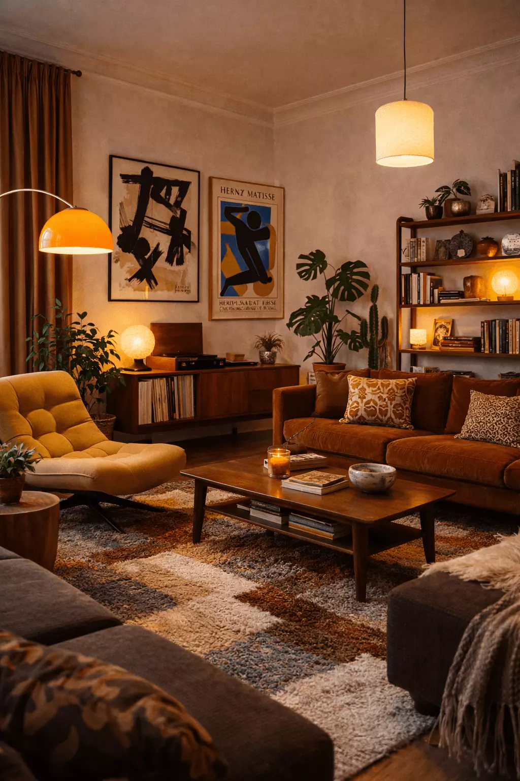 Cozy amber retro mid-century modern living room with an orange sofa, mustard lounge chair, wood coffee table, abstract wall art, indoor plants, layered lighting, and textured rug.