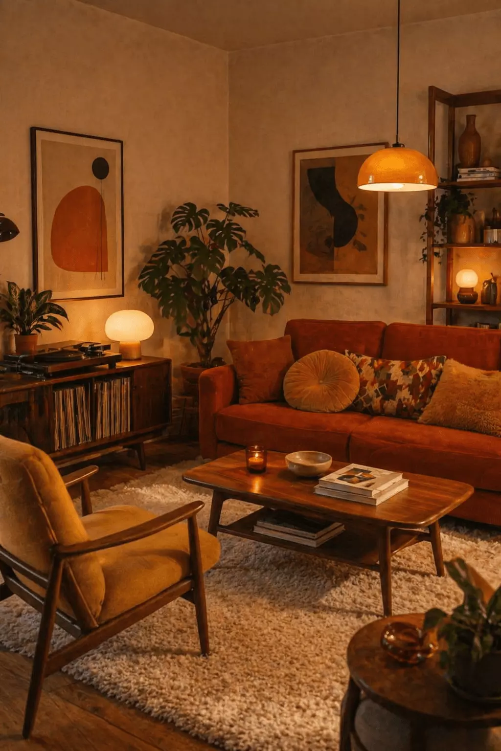 Cozy apartment mid-century modern living room with an orange sofa, mustard lounge chair, wood coffee table, record cabinet, abstract wall art, indoor plants, warm lighting, and shag rug.